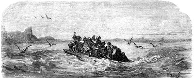水手辛巴达（Sinbad）--一千零一个（1001）夜晚的故事--插图：古斯塔夫-多尔（Gustave Dore）--1865 年马克斯韦尔版--第三次航行：辛巴达和他的同伴们登上木筏航行 作者 古斯塔夫·多尔（Gustave Dore）