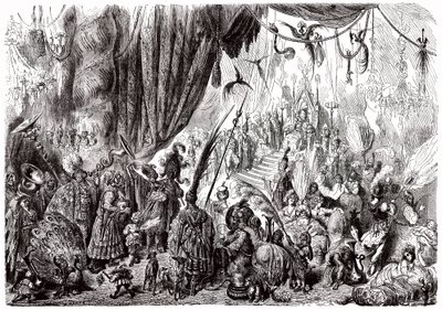 水手辛巴达（Sindbad）--一千零一夜（1001）的故事--古斯塔夫-多尔（Gustave Dore）的插图--麦克斯韦 1865 年版--第六次航行：塞伦迪布国王的宫廷 作者 古斯塔夫·多尔（Gustave Dore）