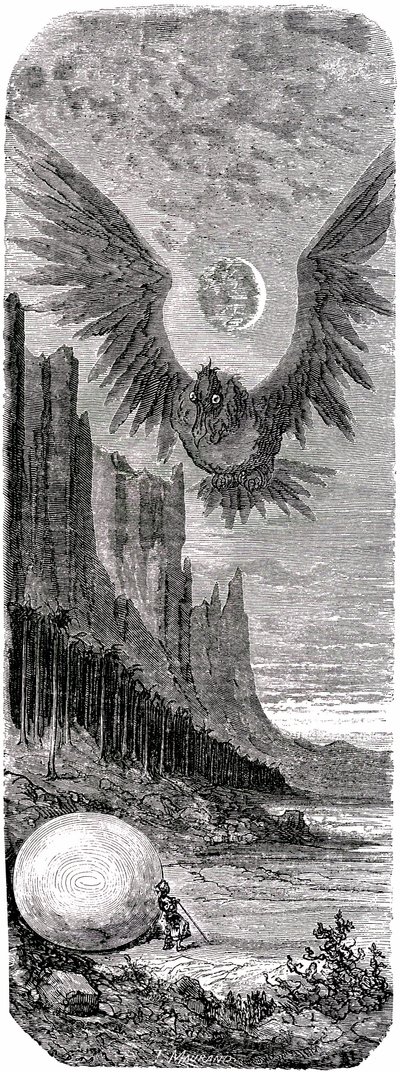 水手辛巴达（Sindbad）--一千零一个（1001）夜晚的故事--古斯塔夫-多尔（Gustave Dore）绘制的插图--1865 年马克斯韦尔版--第二次航行：辛巴达在一个小岛上发现了巨鸟大鹏的巨蛋，并遭到这只巨鸟的攻击。 作者 古斯塔夫·多尔（Gustave Dore）