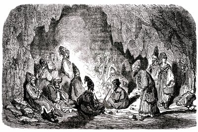 水手辛巴达（Sindbad）--一千零一个（1001）夜晚的故事--插图：古斯塔夫-多尔（Gustave Dore）--麦克斯韦 1865 年版--第一次航行：辛巴达被同伴遗弃在茫茫大海中，他到达了一个小岛，在一个山洞里遇到了苍蝇 作者 古斯塔夫·多尔（Gustave Dore）
