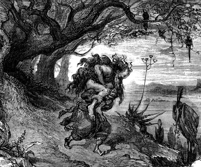 水手辛巴达（Sindbad）--一千零一夜的故事（1001）--古斯塔夫-多尔（Gustave Dore）的插图（细节）--麦克斯韦 1865 年版--第五次航行：辛巴达被迫将一个老人扛在肩上，老人紧紧地抱着他，他再也无法摆脱他。 作者 古斯塔夫·多尔（Gustave Dore）