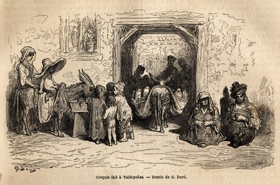 Sketch taken on the live: beggars in Valpadenas (Channel). Engraving to illustrate the voyage to Spain by Gustave Dore (1832-1883) illustrator and Baron Ch. Davillier reactor, in 1862, published in “Le tour du monde, nouveau journal des voyages”, under the 作者 古斯塔夫·多尔（Gustave Dore）