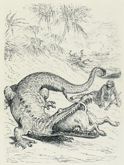 "蒙乔生男爵历险记》（Munchhausen）：大无畏的蒙乔生男爵被一头狮子追赶，途中遇到一条巨大的鳄鱼，鳄鱼将狮子吞食。古斯塔夫-多雷的插图 19 世纪末。 作者 古斯塔夫·多尔（Gustave Dore）