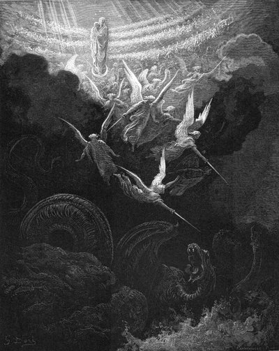 大天使米迦勒和他的天使与龙作战，1865-1866年 作者 古斯塔夫·多尔（Gustave Dore）