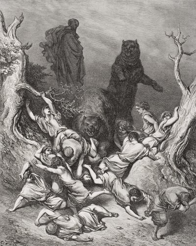 被熊摧毁的孩子，来自多尔的“圣经”的插图，1866年 作者 古斯塔夫·多尔（Gustave Dore）