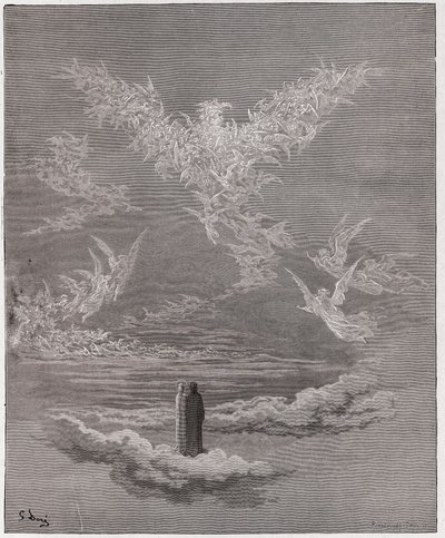 神曲》（La Divina Commedia, La Divine Comedie），《帕拉迪索》，第19节：受祝福的灵魂在空中形成一只鹰--但丁-阿利吉耶里（1265-1321）--古斯塔夫-多尔（1832-1883）的插图。 作者 古斯塔夫·多尔（Gustave Dore）