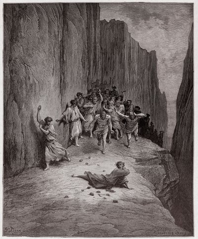 神曲》（La Divina Commedia，La Divine Comedie），《炼狱》（Purgatorio），第15节：但丁对用石头砸死司提反的设想--作者但丁-阿里盖里（1265-1321）--插图：古斯塔夫-多尔（1832-1883）。 作者 古斯塔夫·多尔（Gustave Dore）