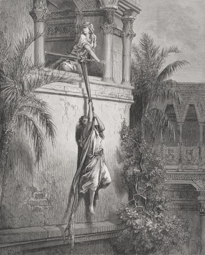 大卫逃离窗户，插图来自多尔的“圣经”，1866年 作者 古斯塔夫·多尔（Gustave Dore）