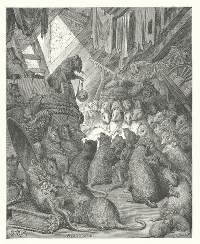 拉封丹的寓言：老鼠召开的会议（雕刻） 作者 古斯塔夫·多尔（Gustave Dore）
