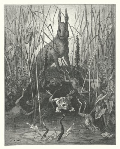 拉封丹寓言：兔子和青蛙（雕刻） 作者 古斯塔夫·多尔（Gustave Dore）
