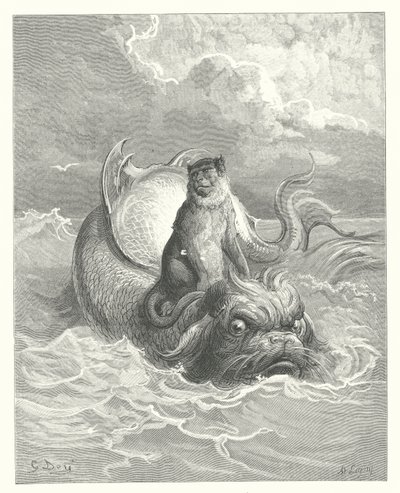 拉封丹寓言猴子和海豚（雕刻） 作者 古斯塔夫·多尔（Gustave Dore）