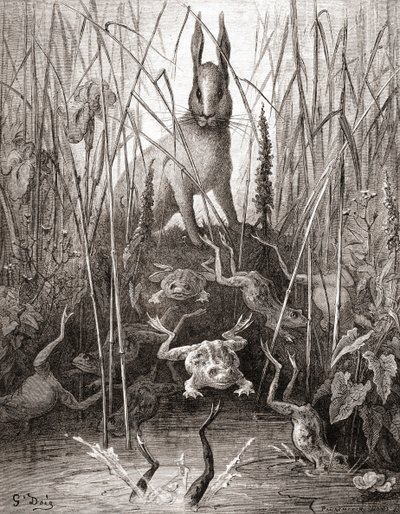野兔和青蛙，来自19世纪晚期版本的Fables de La Fontaine（木版画） 作者 Gustave Dore