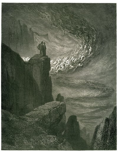 古斯塔夫·多雷绘制的《但丁·阿利吉耶里的地狱》（《神曲》）。 1861 年法文版。“地狱风暴，永远不复存在/留下掠夺的灵魂。 （永不停息的地狱飓风，将灵魂卷入旋风之中）”， 作者 古斯塔夫·多尔（Gustave Dore）
