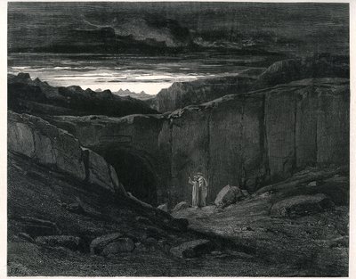 但丁-阿利吉耶里的地狱（《神曲》），古斯塔夫-多尔绘制插图。1861 年法文版。但丁和维吉尔在地狱入口处："Lasciate ogni speranza, voi che 