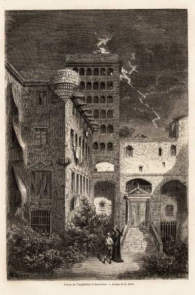 巴塞罗那的宗教裁判所监狱，由古斯塔夫-多尔（1832-1883）绘制，用于说明他在1862年与C.Davillier前往西班牙的旅程。雕刻在《世界之旅》中，由Edouard Charton编辑。 作者 古斯塔夫·多尔（Gustave Dore）