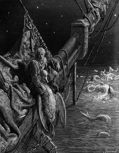水手凝视海洋中的蛇，来自ST Coleridge的“The Rime of the Ancient Mariner”，由Harper und Brothers，纽约出版，1876年（木版画） 作者 古斯塔夫·多尔（Gustave Dore）