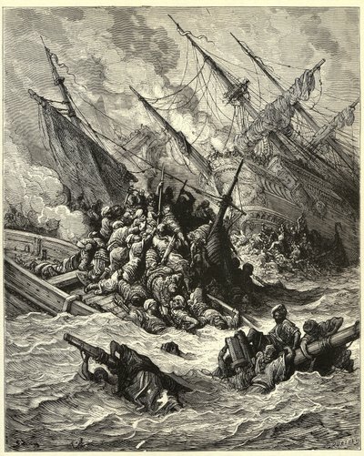"莱班托海战" 1571 年，西班牙、威尼斯和教皇联军在希腊近海与奥斯曼帝国展开了一场海战。古斯塔夫-多尔（1832-1883 年）根据约瑟夫-弗朗索瓦-米肖《十字军东征史》绘制的版画 作者 古斯塔夫·多尔（Gustave Dore）