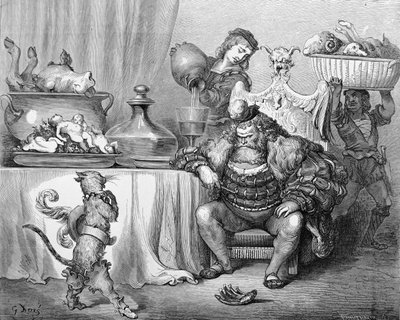 食人魔收到猫，插图为&39;穿靴子的猫&39;由Charles Perrault（1628-1703）1883年 作者 古斯塔夫·多尔（Gustave Dore）