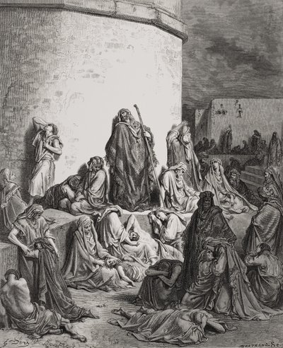 哀悼耶路撒冷遗址的人们，哀悼1：1-2多尔的“圣经”中的插图，由A. Bertrand 1866年刻。 作者 古斯塔夫·多尔（Gustave Dore）