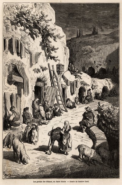 The caves (underground houses) of gypsies, in Sacro Monte, in Granada. Drawing by Gustave Dore (1832-1883), to illustrate his trip to Spain in 1862, accompanied by Ch.Davillier. Engraving in “” Le tour du monde””, edited by Edouard Charton 作者 古斯塔夫·多尔（Gustave Dore）