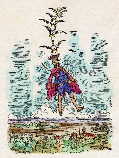 鸭子们将蒙乔生男爵（Munchhausen）高高举起。古斯塔夫-多尔（1832-1883 年）为鲁道夫-埃里希-里奇-蒙乔生男爵的""蒙乔生男爵神奇的海陆历险记》的插图，作者鲁道夫-埃里希-拉斯佩（1737-1794 年）。 作者 古斯塔夫·多尔（Gustave Dore）