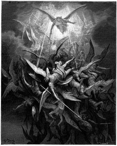 天使的堕落（the angels dechus） 古斯塔夫-多尔为约翰-弥尔顿（1608-1674 年）的《失乐园》绘制的插图。1866 年的版画。私人收藏 作者 古斯塔夫·多尔（Gustave Dore）