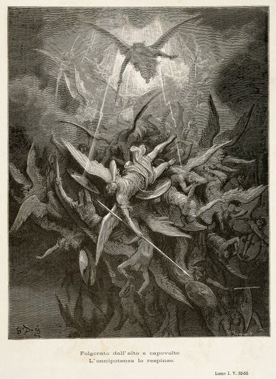 天使的堕落，约翰-米尔顿（1608-1674）的《失乐园》中的场景，古斯塔夫-多雷（1832-1883）的插图。 作者 古斯塔夫·多尔（Gustave Dore）