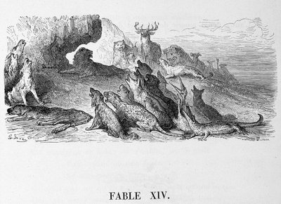 雌狮的葬礼--载于拉封丹的 "寓言"，由多雷绘制 作者 古斯塔夫·多尔（Gustave Dore）