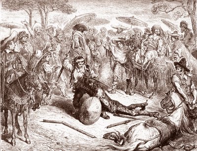 托莱多的商人看着他们的一名骡夫击败了古斯塔夫·多尔（Gustave Dore）（1832-1883）的《堂吉诃德》雕刻版米格尔·德·塞万提斯（Miguel de Cervantes）（1547-1616）的“天才伊达尔戈·唐吉诃德·吉诃德”1863年私人收藏 作者 古斯塔夫·多尔（Gustave Dore）