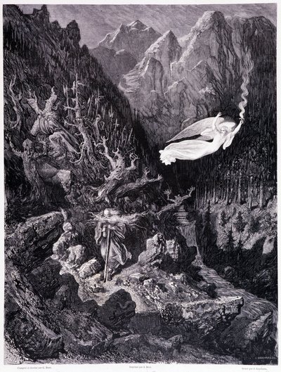 The old man holding a purse and his stick walking in a hostile landscape is surmounted by an angel waving a spee of fire, Plate VII - Illustration by Gustave Dore (1832-1883), for La legende du Jew wandering by Pierre Dupont, Edition Librairie du magasin p 作者 古斯塔夫·多尔（Gustave Dore）