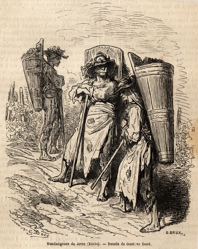 Xeres 的采摘者。 古斯塔夫·多尔（Gustave Dore，1832-1883 年）的绘画，以说明他 1862 年的西班牙之行，与 Ch. 戴维利耶。 雕刻在“Le tour du monde”，Edouard Charton 编辑 作者 古斯塔夫·多尔（Gustave Dore）