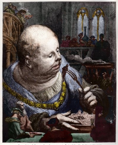 朝圣者在沙拉中食用-弗朗索瓦·拉贝莱伊斯（Francois Rabelais）的插图“加尔古塔（Gargantua）和潘塔格鲁尔（Pantagruel）”插图-古斯塔夫·多尔（Gustave Dore）雕刻 作者 古斯塔夫·多尔（Gustave Dore）