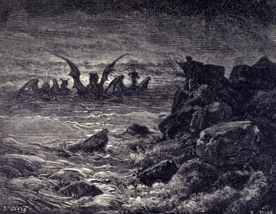 先知丹尼尔看到怪物出现：Haniel、Kafziel、Azriel、Aniel。 Gustave Dore 插图的圣经雕刻。 19世纪 作者 古斯塔夫·多尔（Gustave Dore）