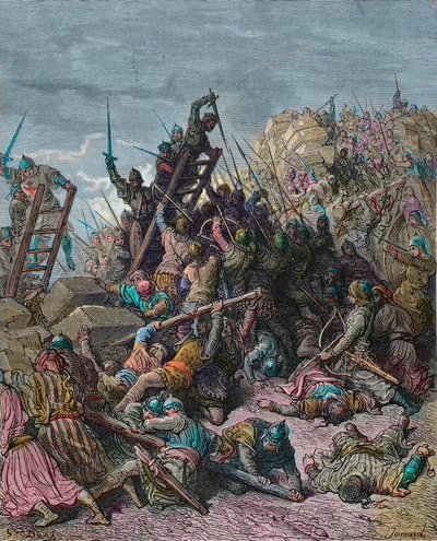 第三次十字军东征期间对托勒密的围攻1189年--古斯塔夫-多尔（Gustave Dore）的雕刻，出自约瑟夫-弗朗索瓦-米肖（Joseph-Francois Michaud）的《十字军东征史》--1191年围攻圣让-阿卡（以色列）。在第三次十字军东征期间，穿着盔甲的士兵包围了设防的城市。 作者 古斯塔夫·多尔（Gustave Dore）