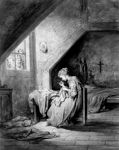 衬衫之歌》，托马斯-胡德著，莫克森编辑。古斯塔夫-多尔（Gustave Dore）于 1870 年左右创作的插图（素描）--斯特拉斯堡现代艺术博物馆藏有这幅版画的素描。 作者 古斯塔夫·多尔（Gustave Dore）