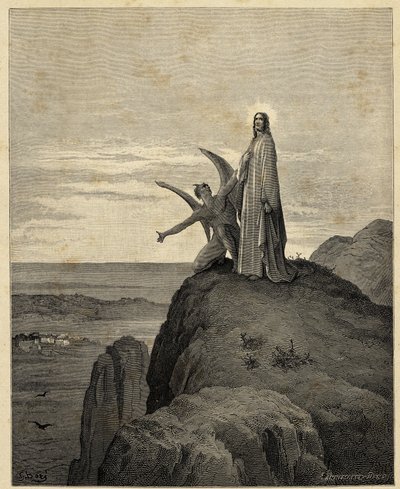 "基督的试探 "耶稣进入沙漠，受到魔鬼的诱惑。古斯塔夫-多尔（1832-1883 年）为《圣经》绘制的插图。1866 作者 古斯塔夫·多尔（Gustave Dore）