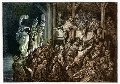 剧院：戏剧表演中的观众。彩色版画，选自古斯塔夫-多尔（1832-1883 年）绘制的《伦敦，朝圣之旅》插图 作者 古斯塔夫·多尔（Gustave Dore）