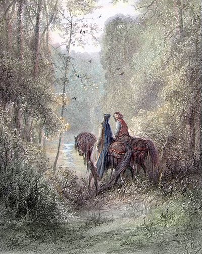 他们迷失在仿佛是鲜花天堂的树林下（Guenièvre 和 Lancelot）——在生病的阿尔弗雷德·丁尼生 (Alfred Tennyson) 的“Guenièvre”中。 作者：Gustave Doré Paris, Librairie Hachette et Cie 作者 古斯塔夫·多尔（Gustave Dore）