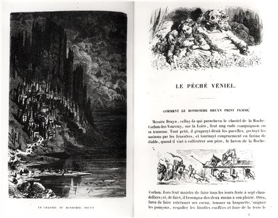 由Heliodore Joseph Pisan（1822-90）雕刻的Honore de Balzac（1799-1850）的“Les Contes Drolatiques”中的两个插图页面 作者 古斯塔夫·多尔（Gustave Dore）
