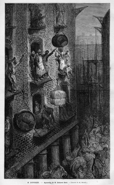 伦敦的生活景象。古斯塔夫-多尔的绘画。雕刻在《辉煌的世界》1883年。私人收藏。 作者 Gustave Dore