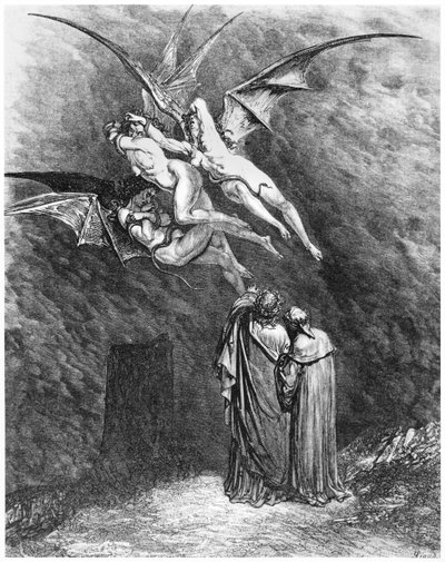 维吉尔（公元前70  -  19年）但丁和艾琳娜，来自“神曲”（Inferno）的插图，由Dante Alighieri（1265-1321）巴黎出版，1885年出版 作者 古斯塔夫·多尔（Gustave Dore）