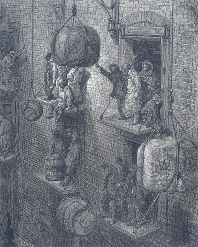 伦敦市的仓库。选自 Gustave Dore 和 Blanchard Jerrold London：1872 年伦敦朝圣之旅。 作者 Gustave Dore