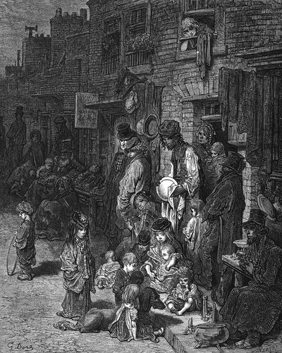 白教堂的温特沃斯街"，该市贫穷的犹太区：选自 Gustave Dore 和 Blanchard Jerrold London：1872 年伦敦朝圣之旅。木刻版画 作者 Gustave Dore