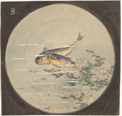 设计一个标志，上面有两条蓝色和黄色的鱼，靠近睡莲 作者 Gustave Fraipont（艺术家签名）