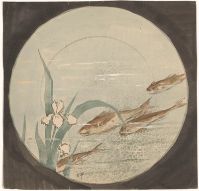 设计一个标志，显示白色鸢尾花附近有四条棕色、向下游动的鱼 作者 Gustave Fraipont（艺术家签名）