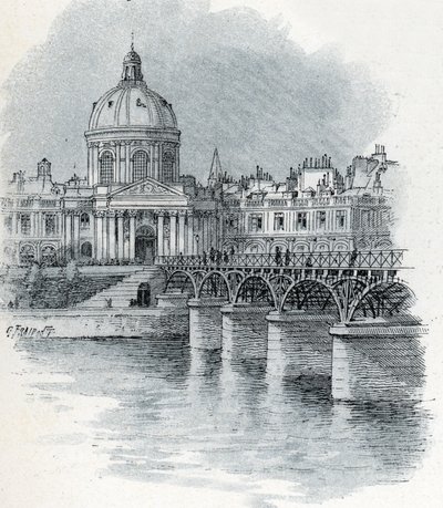 巴黎法兰西学院和艺术桥的景观 古斯塔夫·弗莱蓬（Gustave Fraipont，1849-1923 年）的绘画取自圣儒尔的《穿越巴黎的塞纳河》 作者 古斯塔夫·弗赖蓬（Gustave Fraipont）
