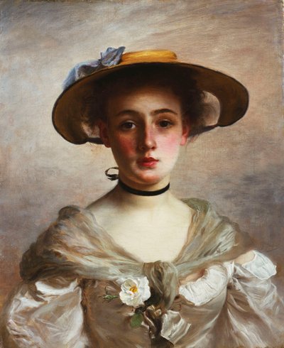 一顶草帽的年轻女孩的画像， 作者 Gustave Jacquet