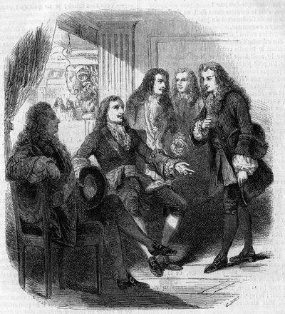俄罗斯沙皇彼得大帝（1672-1725）和伏尔泰（Francois Marie Arouet，dit）（1694-1778）之间的相遇。古斯塔夫-雅内的版画 作者 古斯塔夫·珍妮特（Gustave Janet）