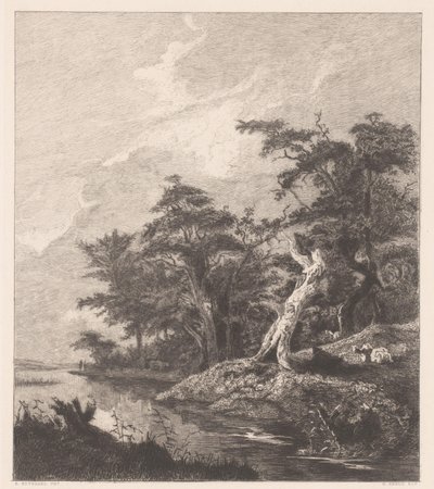 河流景观，树桩旁休息的牧羊人 作者 古斯塔夫·玛丽·格鲁克斯（Gustave Marie Greux）