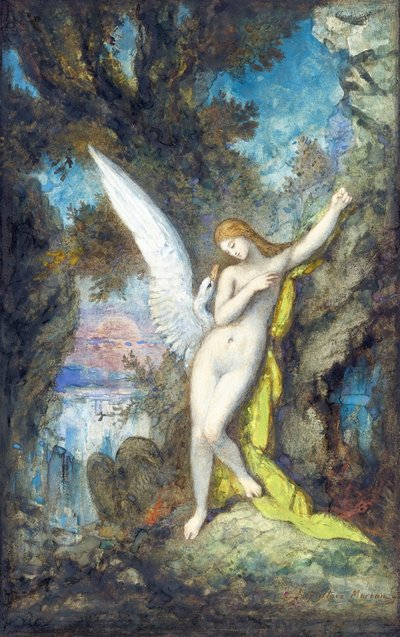Leda and the Swan par Moreau, Gustave (1826-1898), - 纸上水彩、水粉画, 34,2x22,2 - 私人收藏 作者 古斯塔夫·莫罗（Gustave Moreau）